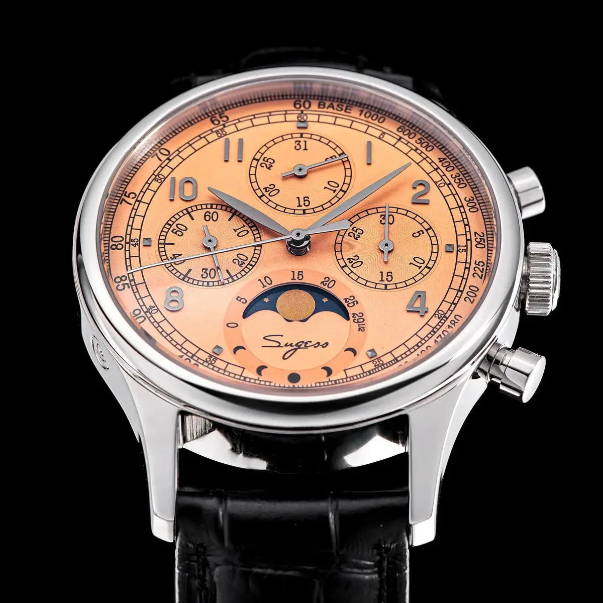 Sugess men's chronograph watch with orange dial, moon phase, three subdials, stainless steel case, black leather strap.