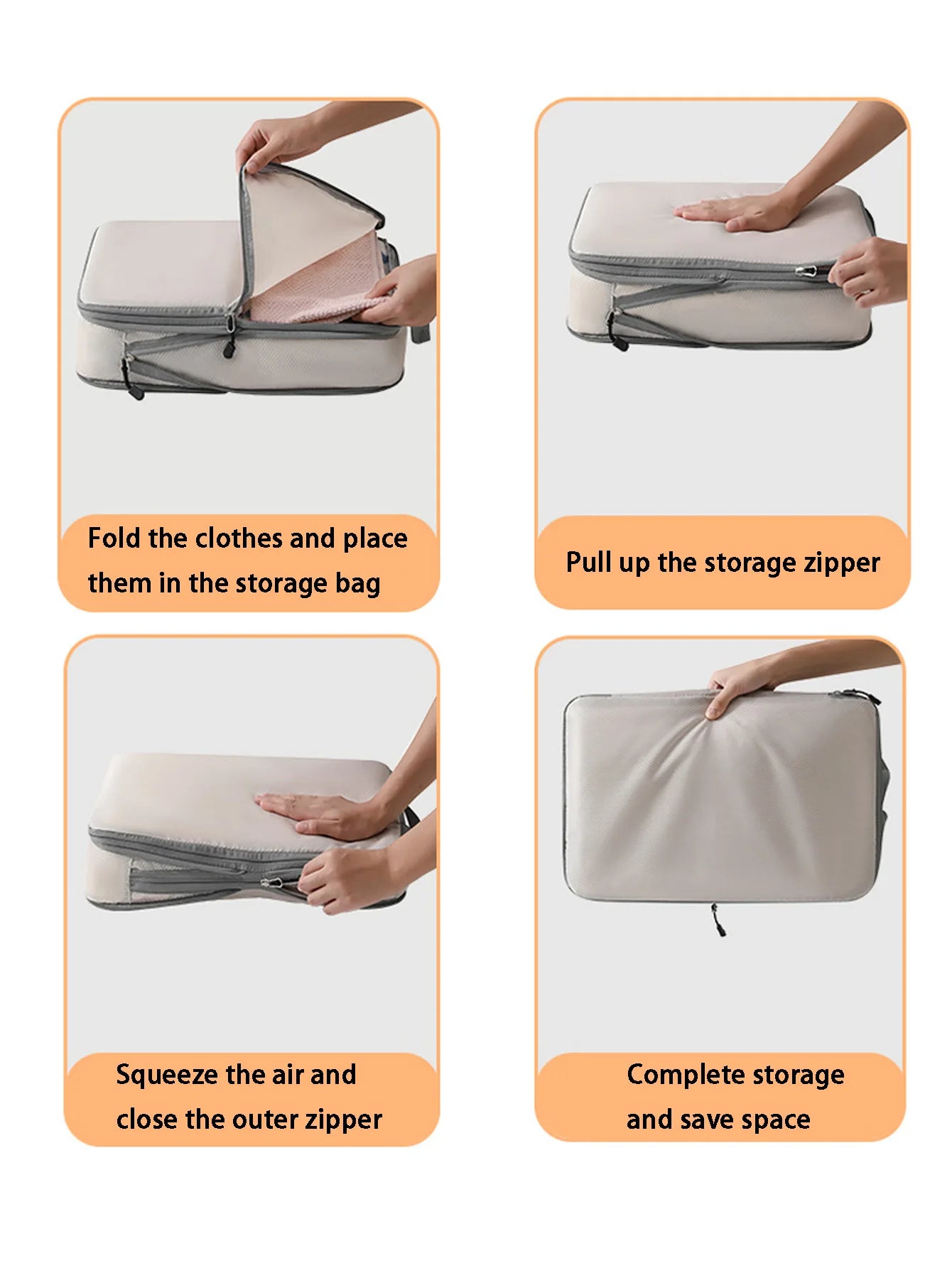 Compressed packing cubes set, 4pcs, beige travel clothes organizers with gray zippers; waterproof and space-saving