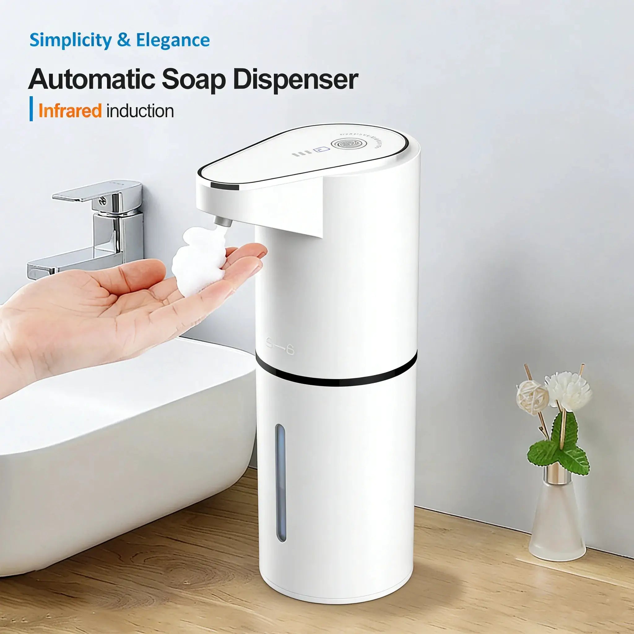 Simples Market white automatic soap dispenser with infrared sensing, compact cylindrical design.