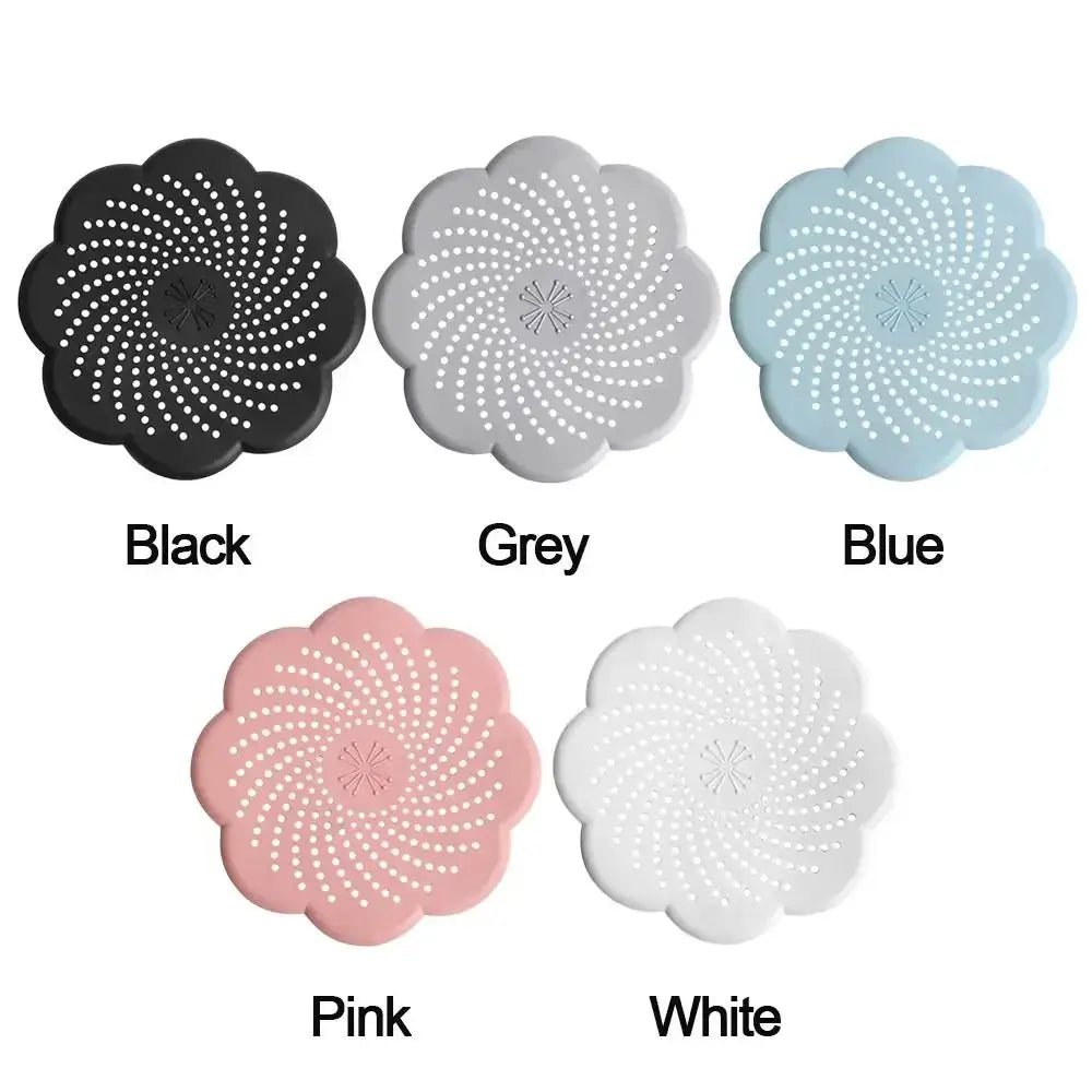 Silicone flower drain covers set of 5 in black, grey, blue, pink, and white