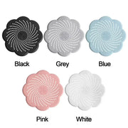 Silicone flower drain covers set of 5 in black, grey, blue, pink, and white