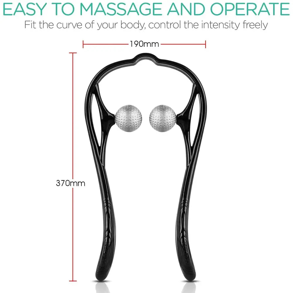 Neck massager with ergonomic black handles and two silver textured massage balls for Shiatsu deep-tissue massage