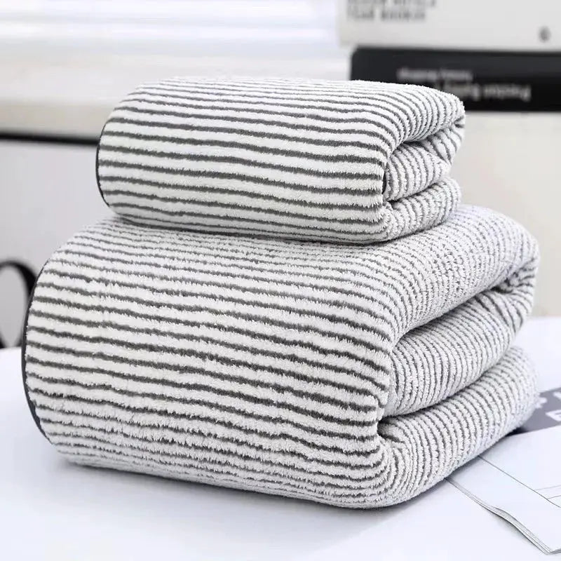 Bamboo quick-drying striped towel set in gray and white, bath and hand towels