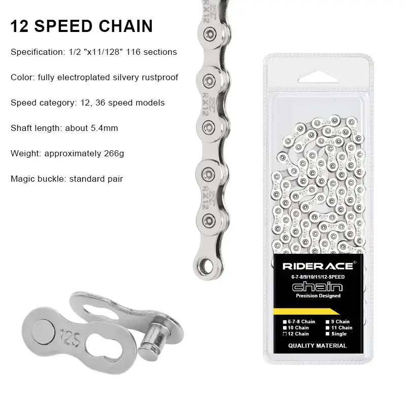 RIDERACE Ultralight Bicycle Chain 116 Links 8 to 12 Speed Silver for Mountain and Road Bikes 24 27 30 Speed Drivetrains