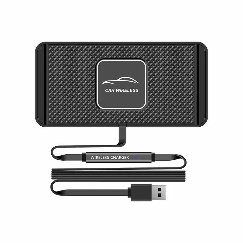Car wireless charger pad by Simples Market with USB cable, black textured surface, blue LED indicator