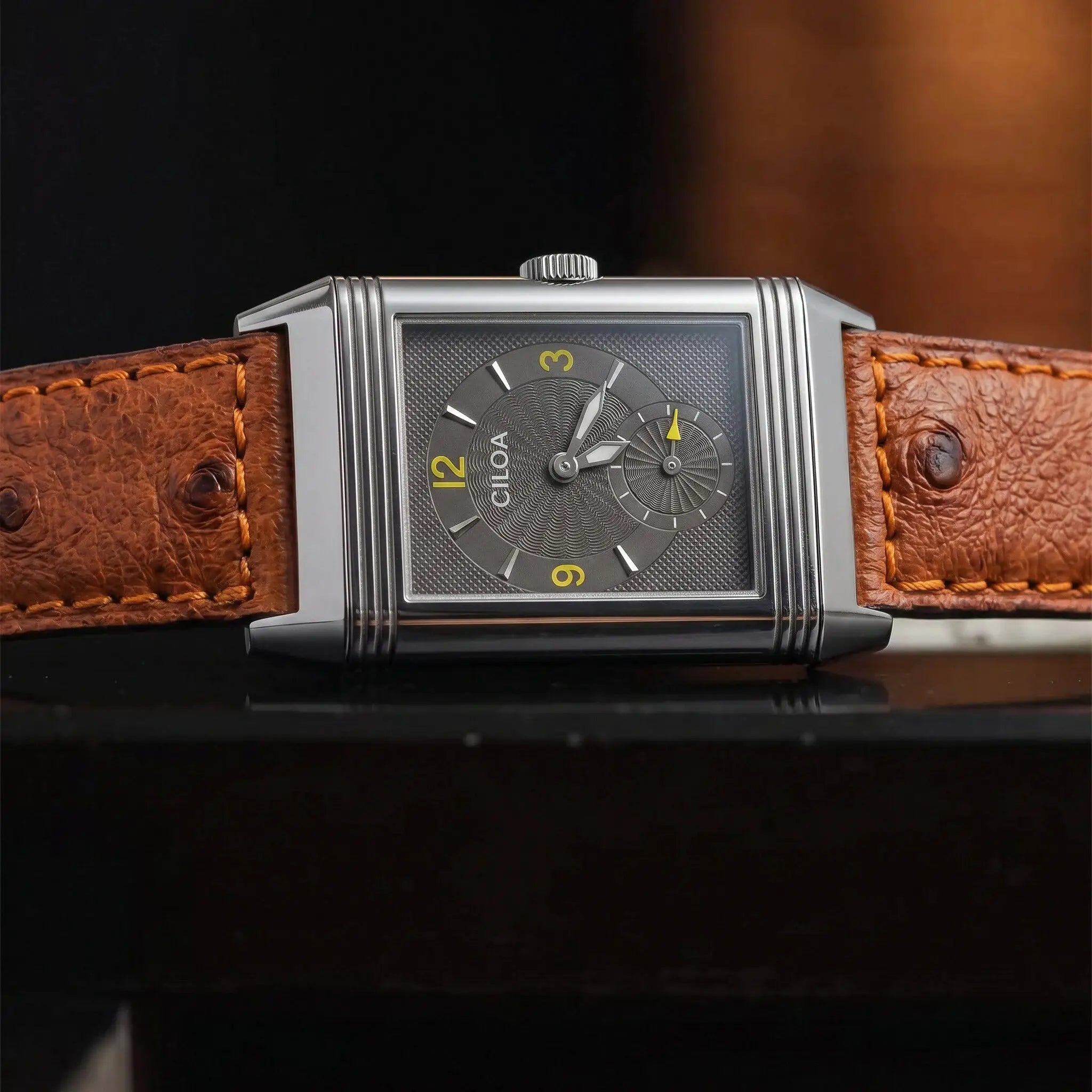 CILOA men's retro square quartz wristwatch with brown leather strap and silver case