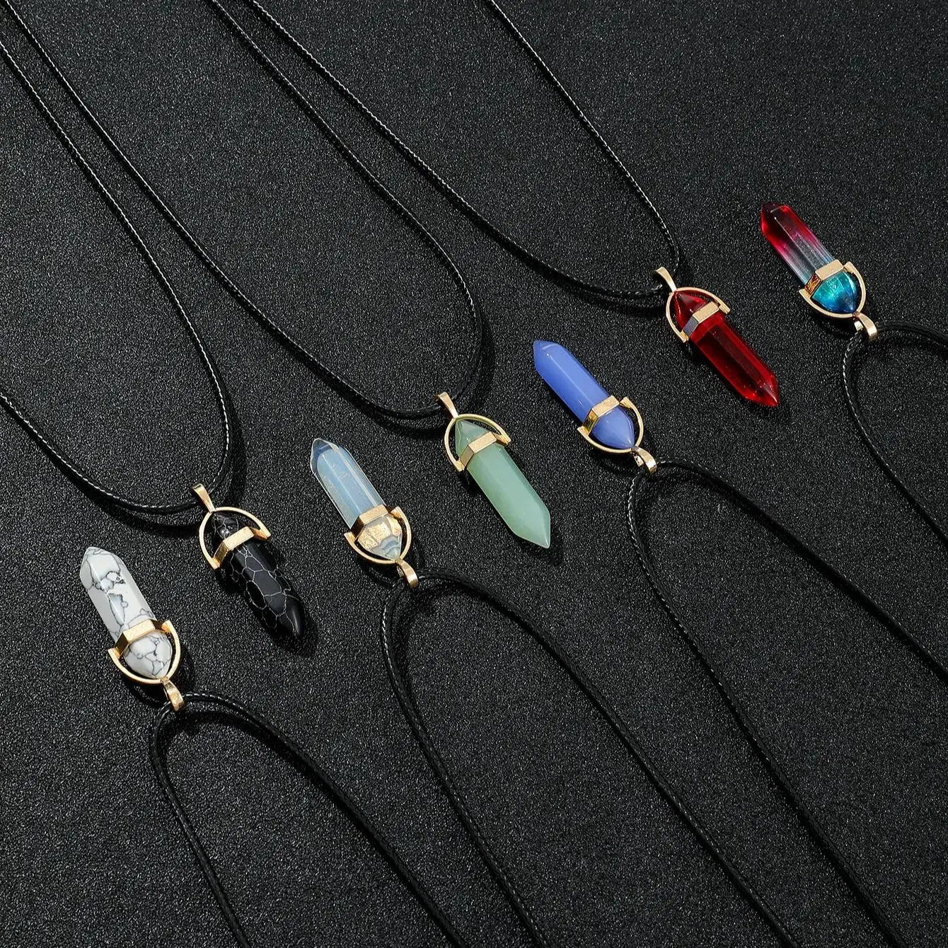 7-piece hexagon pillar quartz necklace set on black leather cords; unisex, multicolor natural stone pendants