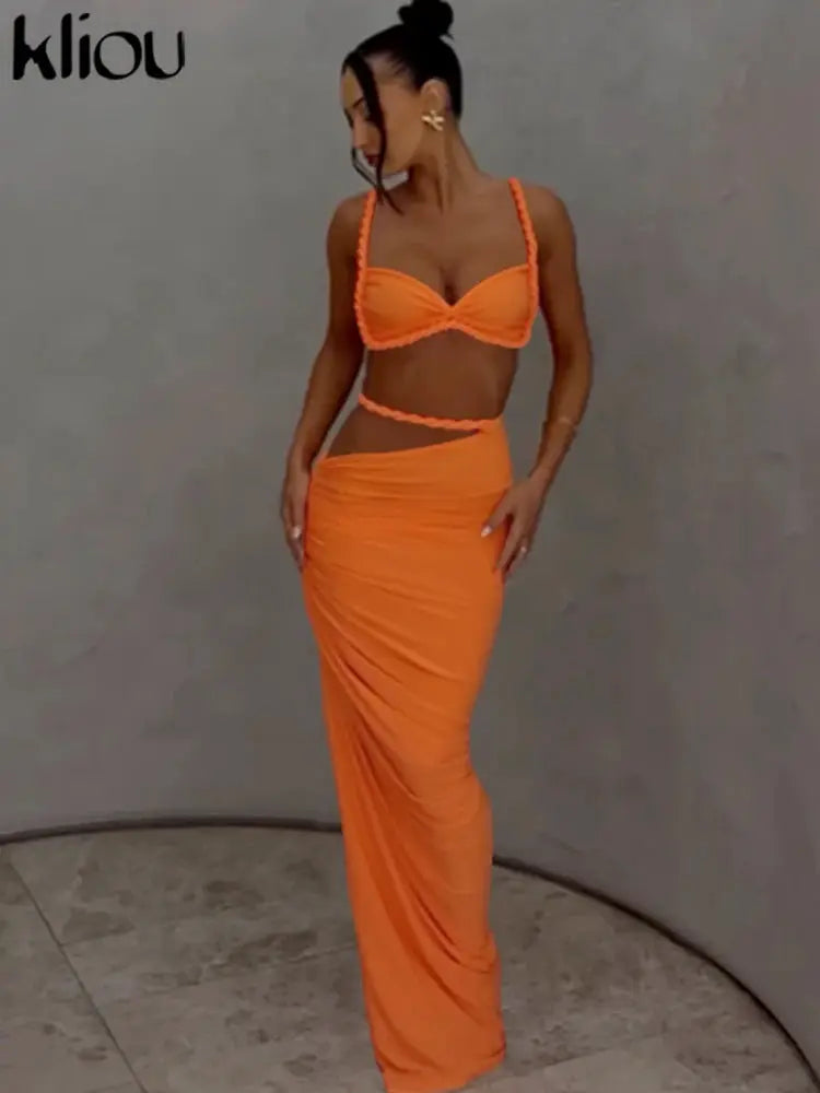 Kliou Woven Sexy Women Two Piece Set With Pleated Crop Camisoles And High Waist Maxi Skirt Contouring Stretch Fabric