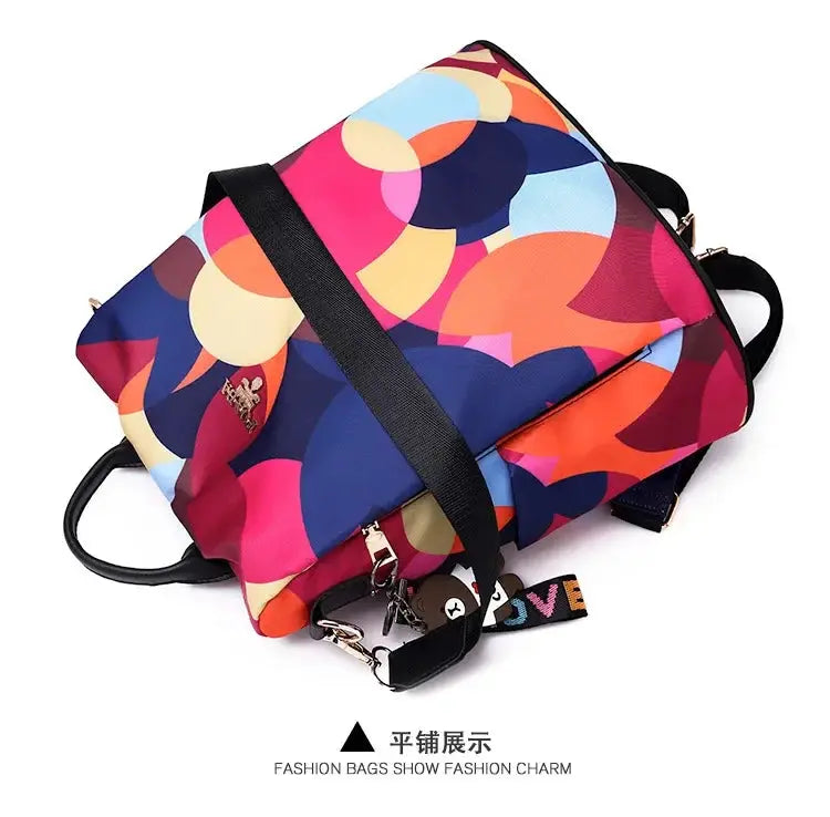 Women's backpack with bright abstract print on Oxford cloth, large capacity travel bag