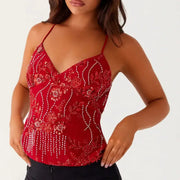 GlamNova Y2K Sequin Halter Crop Top With Pearl Embellished Cami Breathable Stretch Fit Rhinestones