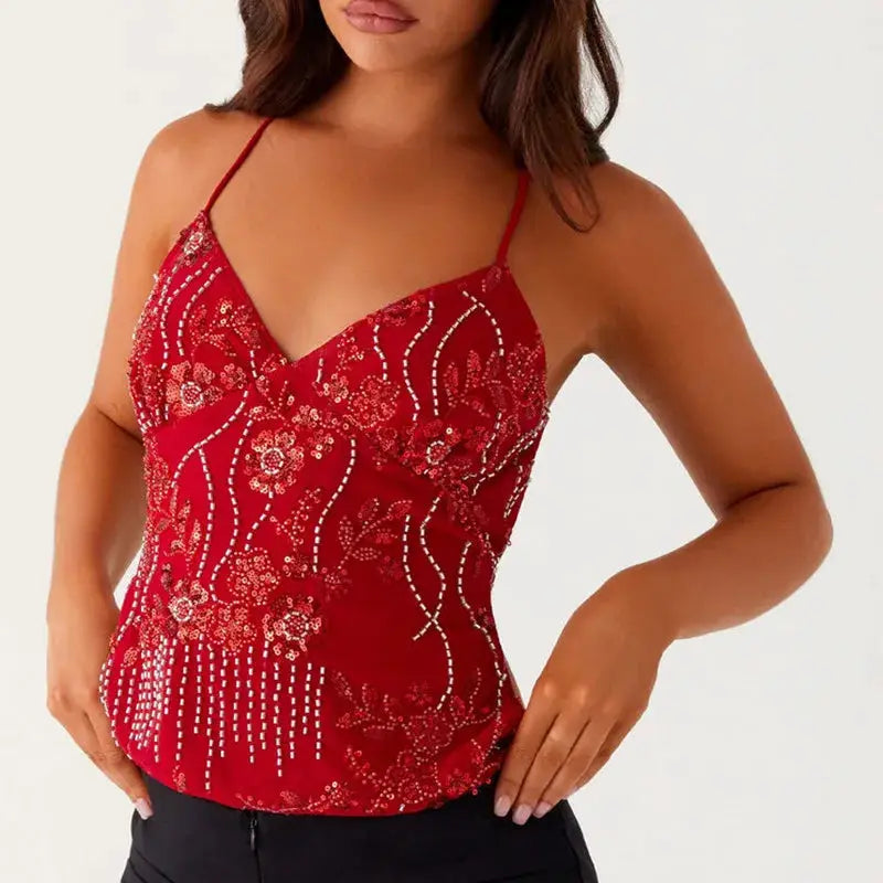 GlamNova Y2K Sequin Halter Crop Top With Pearl Embellished Cami Breathable Stretch Fit Rhinestones