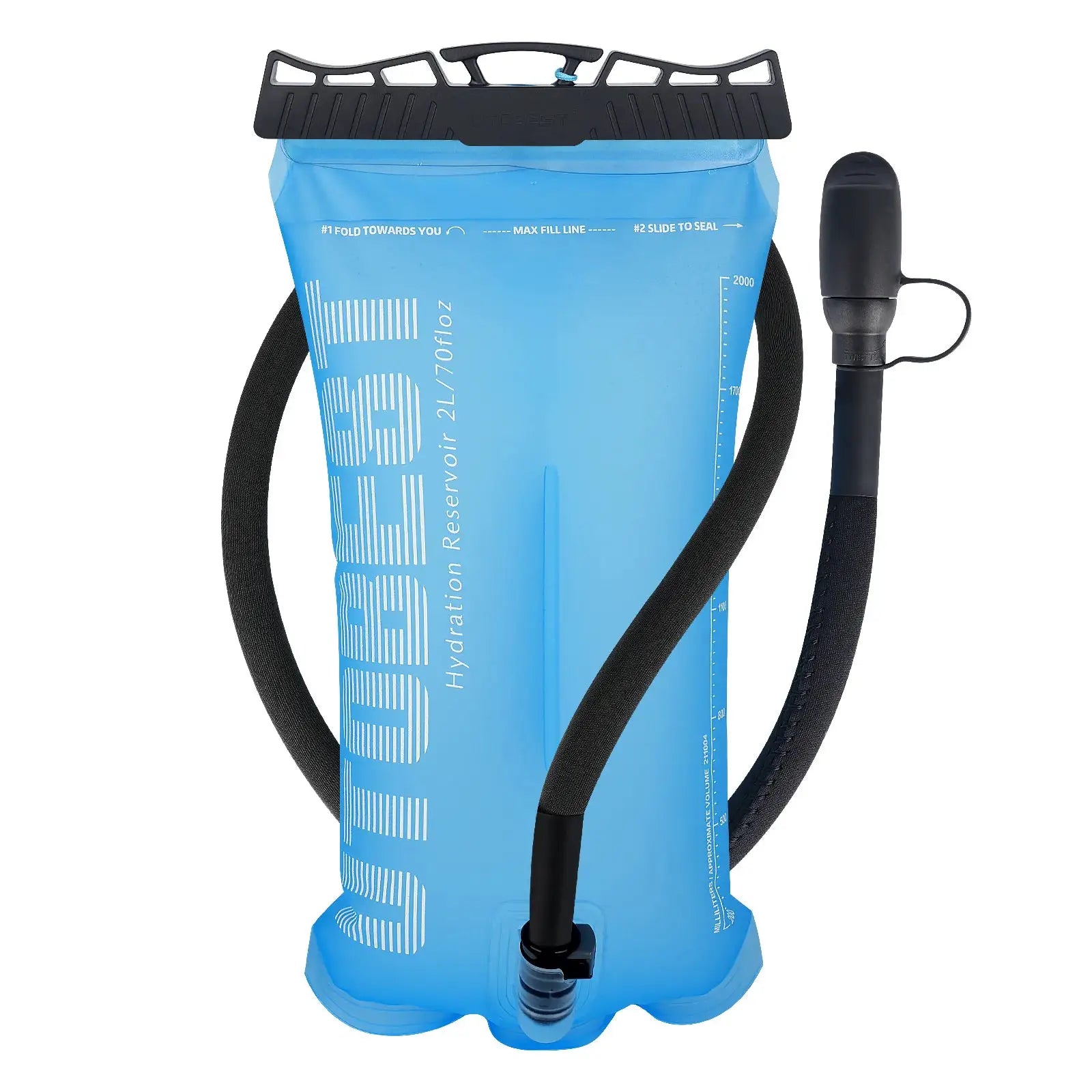 Simples Market UTOBEST hydration bladder, blue TPU reservoir with black hose and bite valve