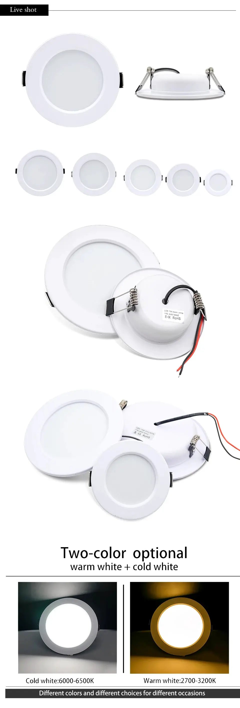 Simples Market LED recessed downlight set, white round panels, multiple sizes with springs; warm white or cold white.