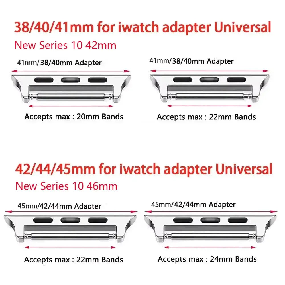 Simples Market universal Apple Watch adapter, silver metal, for 38–45mm bands; two adapters shown.