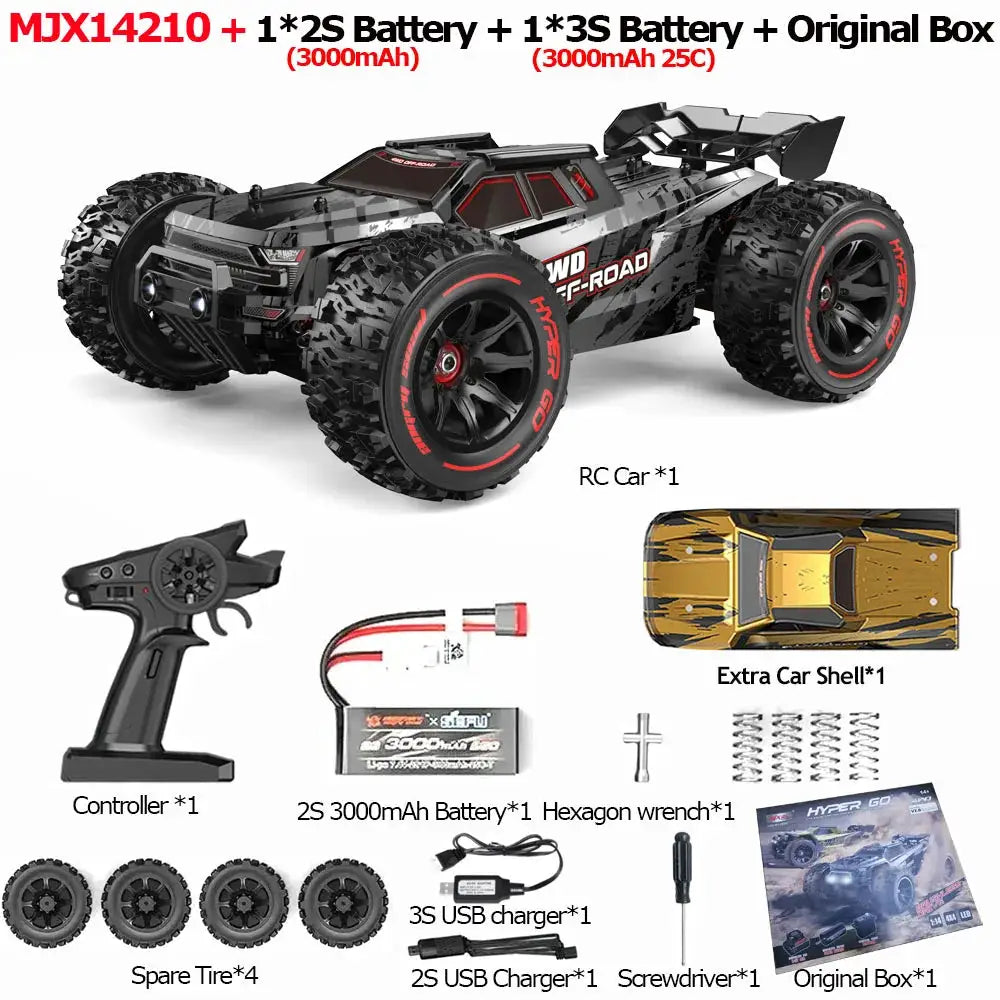 MJX 14210 1/14 RC car, black, brushless motor, 2.4G remote, 4WD off-road.