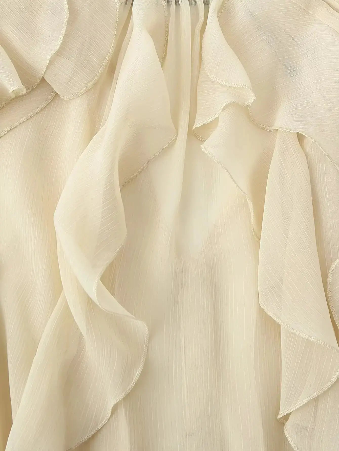 YENKYE ivory semi-sheer ruffle blouse, long sleeves with delicate trim