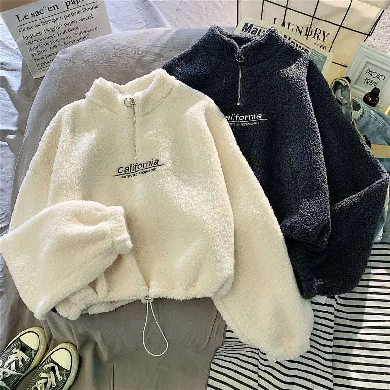 VelvetAura Women Stand Neck Fleece Cropped Hoodie With Letter Embroidery For Elegant Velvet Plush Warmth