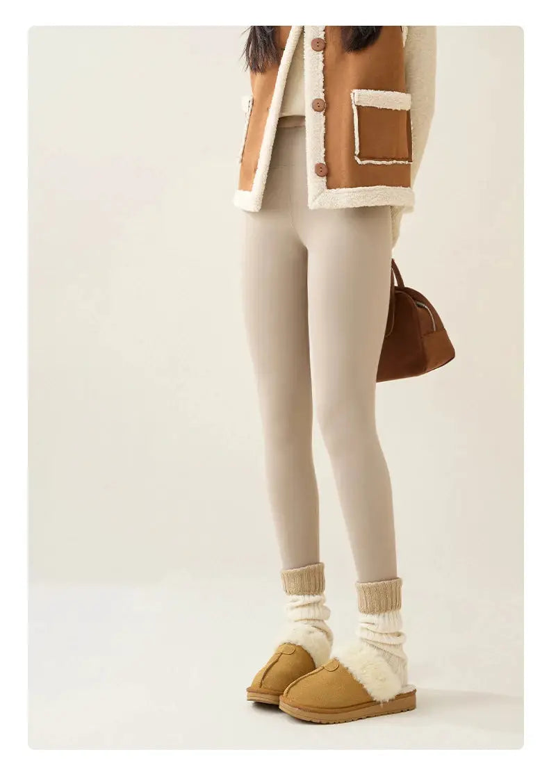 Women’s rabbit fleece-lined sharkskin leggings, beige taupe, warm thick tights