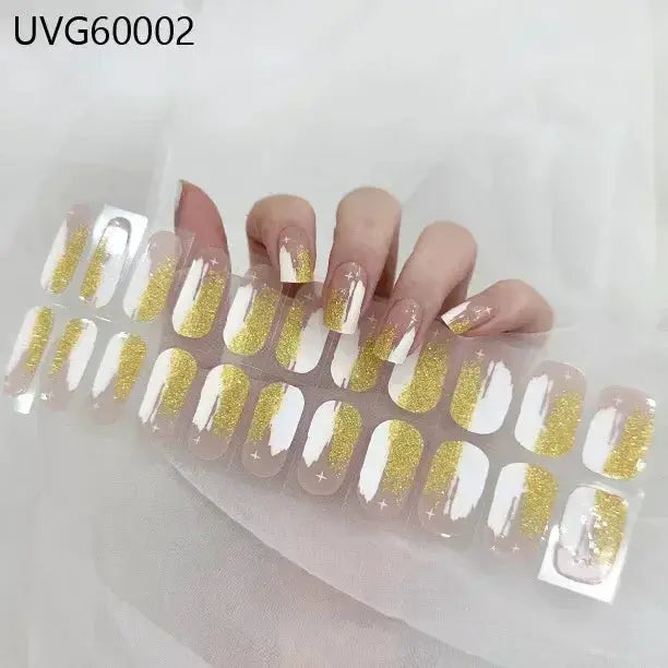 Gel nail wrap set with 16/20/22 full-cover tips, clear base and gold glitter tips for DIY UV lamp manicure