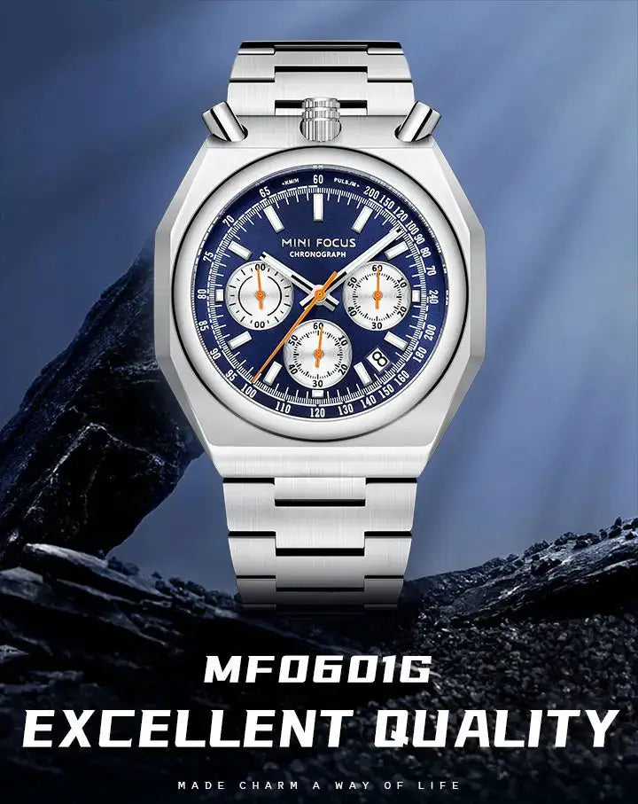 Mini Focus men's chronograph quartz watch with blue dial and stainless steel strap