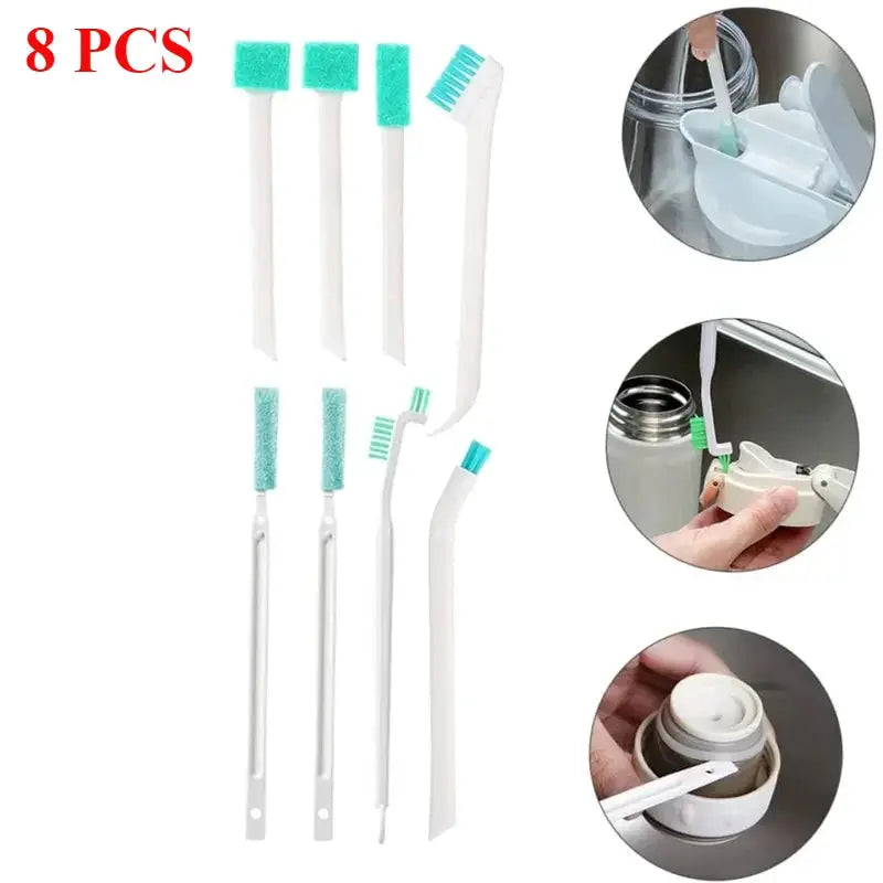 8-piece household cleaning brush set for bottles and crevices with white handles and green bristles