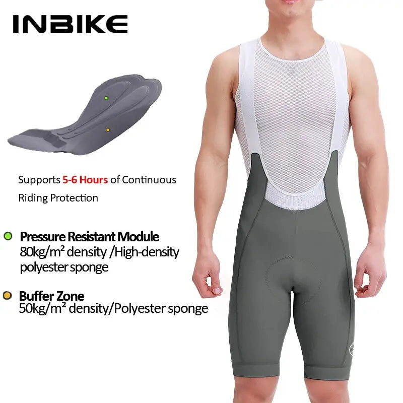 INBIKE men's cycling bib shorts, gray with white mesh panel, high-waisted