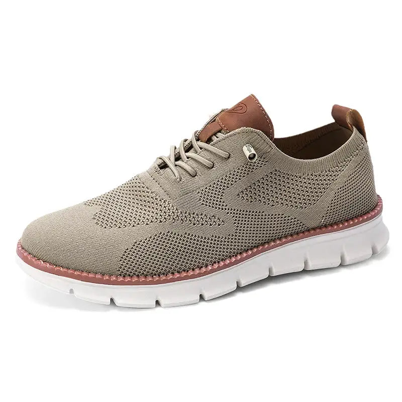 Plus-size men's mesh loafers by Simples Market, beige knit upper with pink trim and white chunky outsole