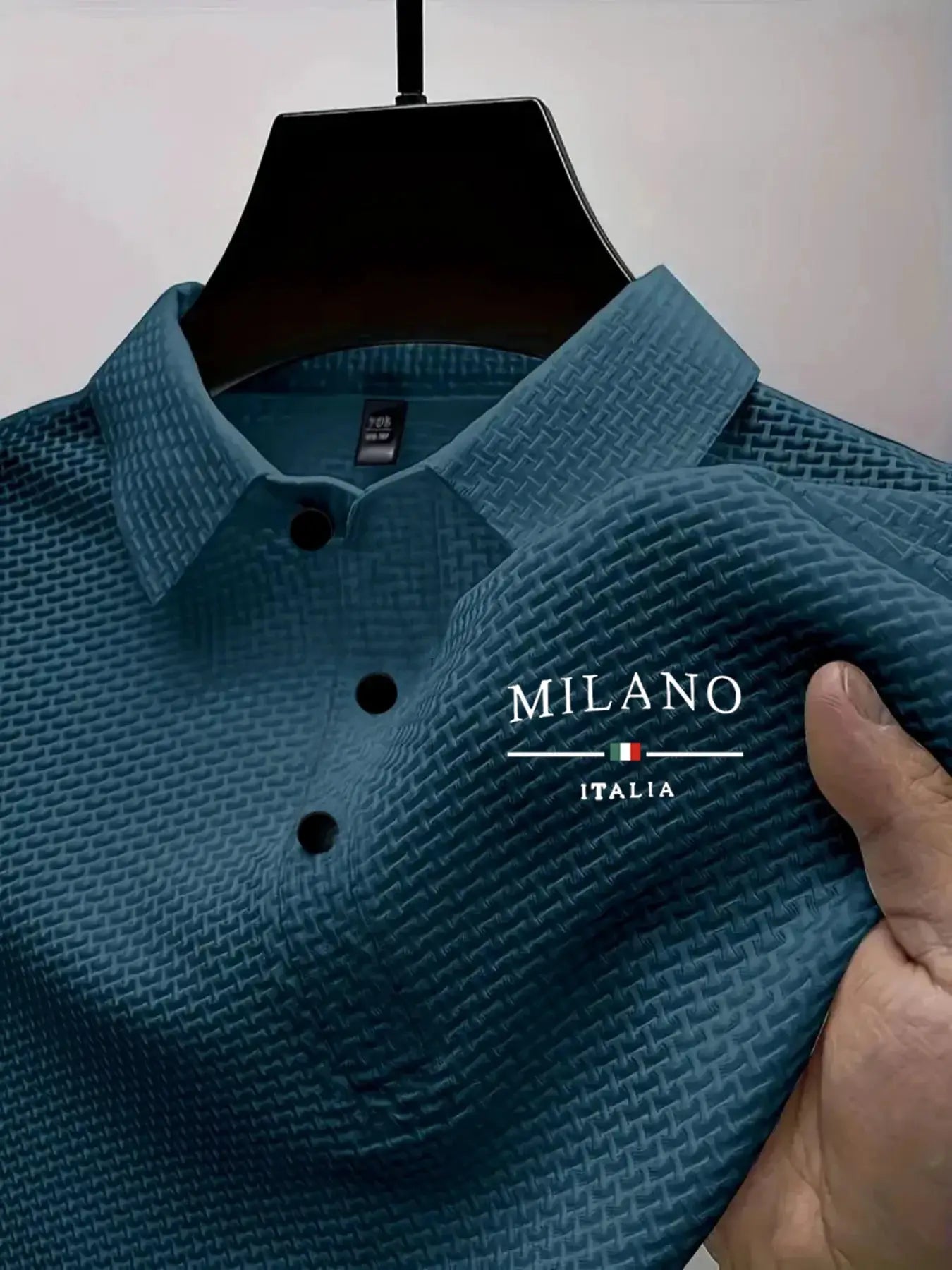 Men's Short-Sleeved Polo Shirt in teal textured fabric by Simples Market.
