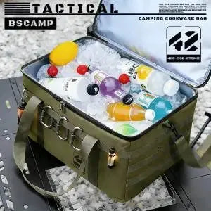Simples Market insulated tactical camping bag, olive green, large-capacity open-top storage for drinks and picnicware.