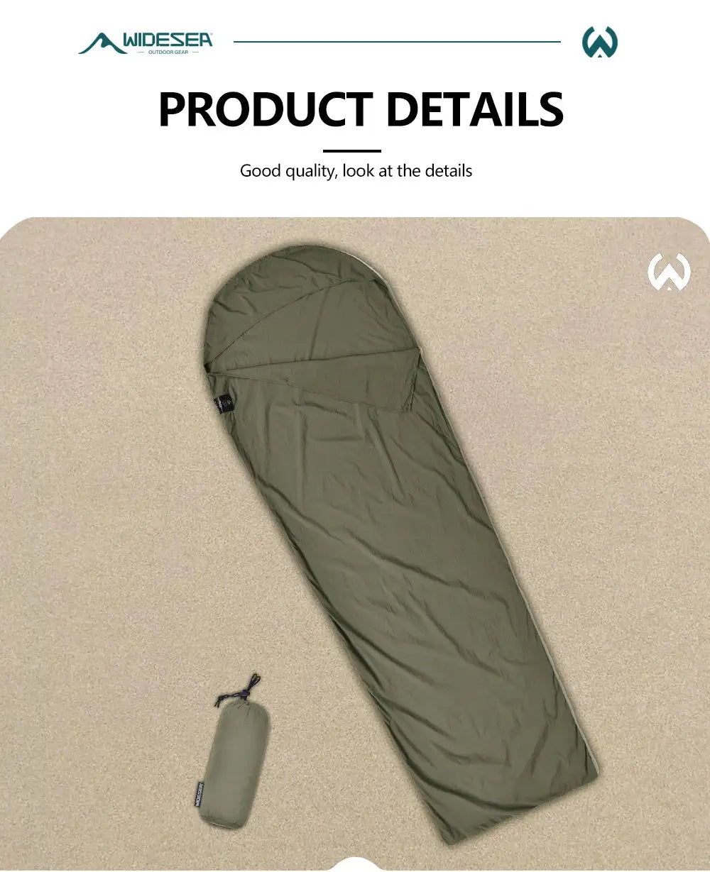 Olive green ultralight mummy sleeping bag liner with matching stuff sack; 2-piece set for solo camping.
