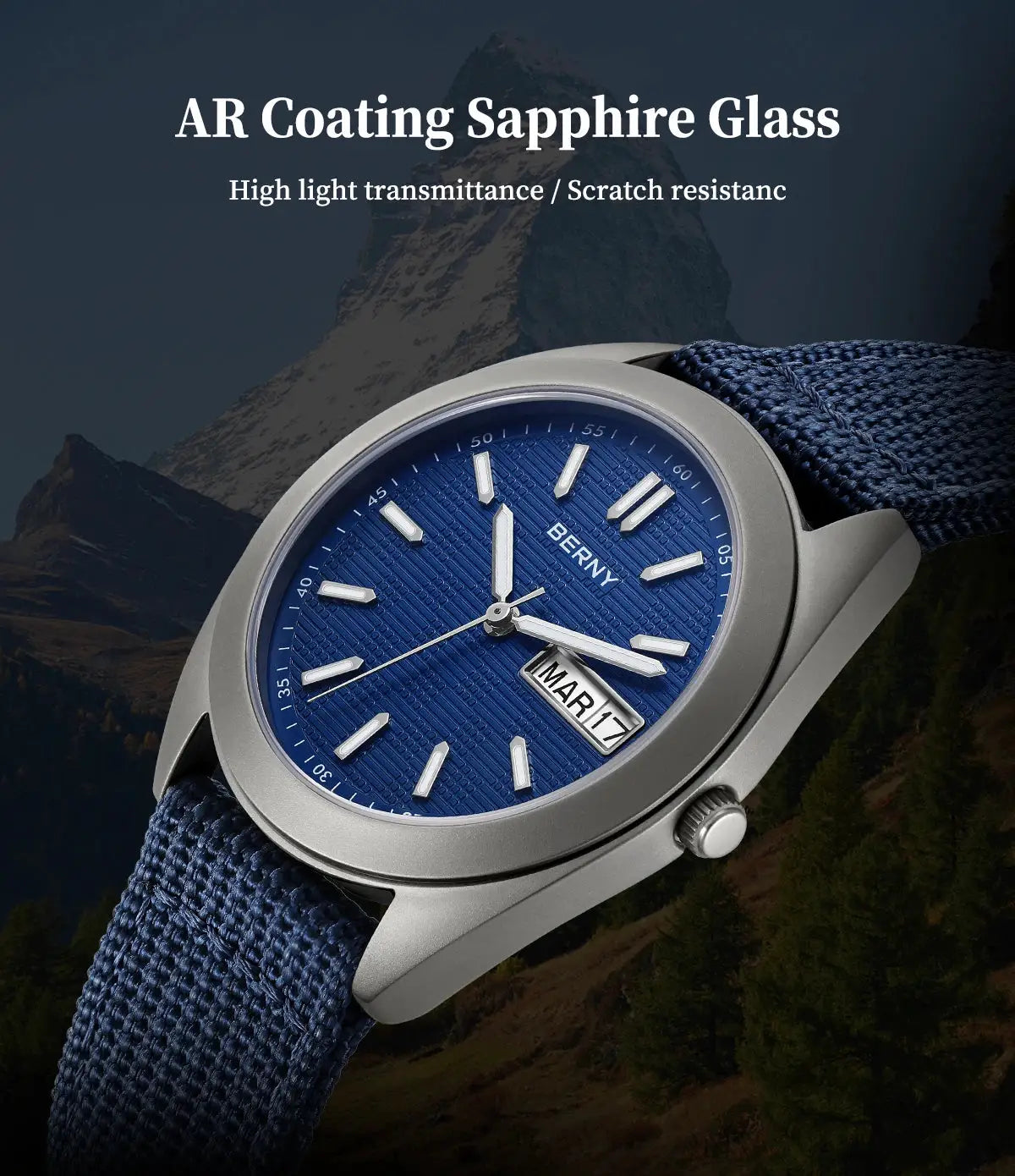 BERNY titanium men's watch with blue dial, date window, sapphire glass and blue fabric strap