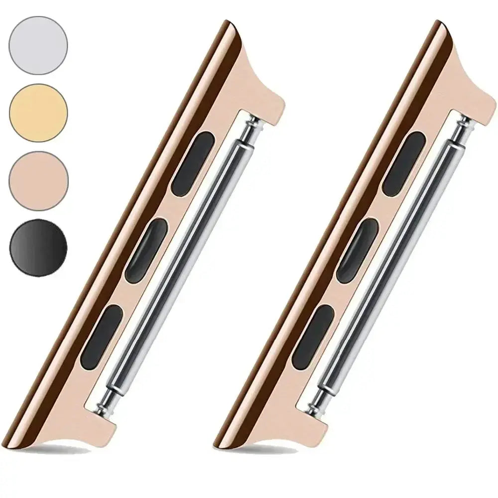 Two rose-gold Apple Watch band adapters with metal strap connectors for multiple sizes