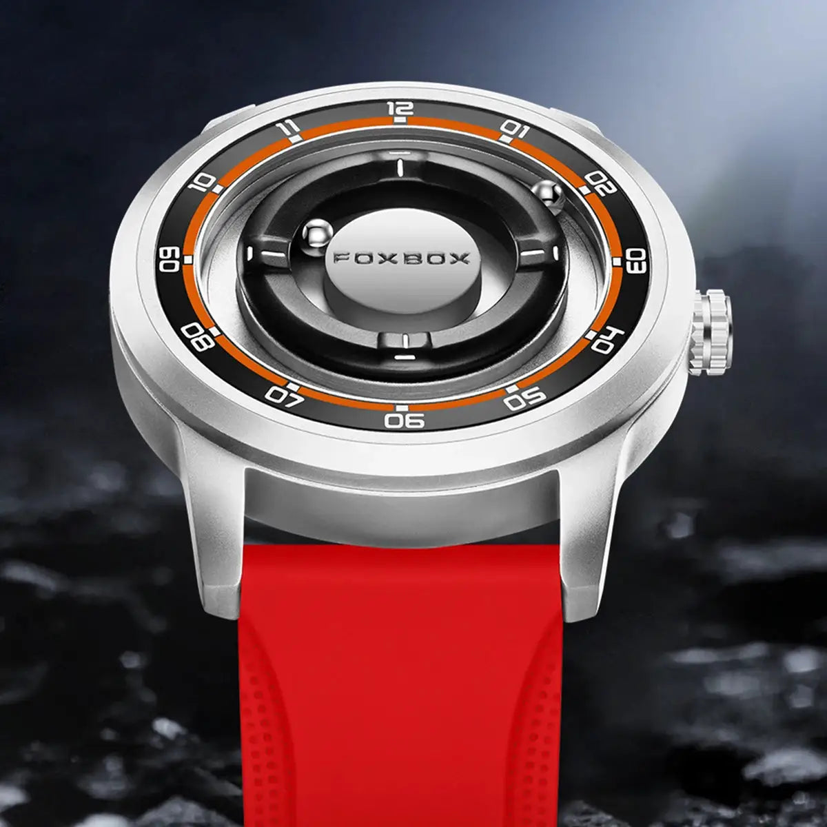 FOXBOX watch by Simples Market with red silicone strap and silver case, bold round dial.