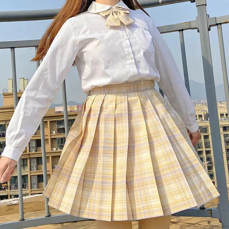 ZOKI plaid pleated skirt, high-waist, yellow plaid for a cute preppy look