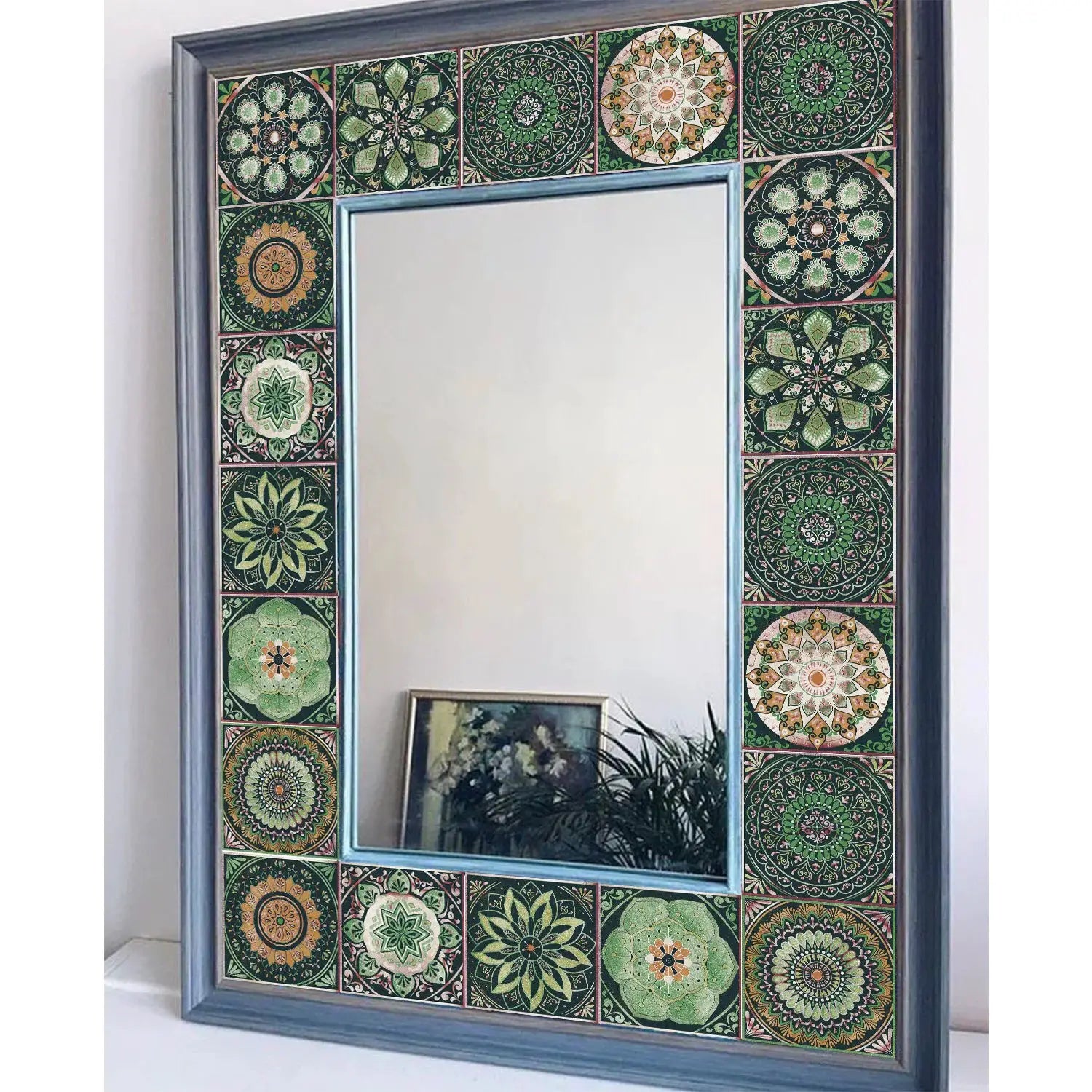 24-piece tile self-adhesive wall border with green mandala designs around a mirror; peel-and-stick, waterproof.