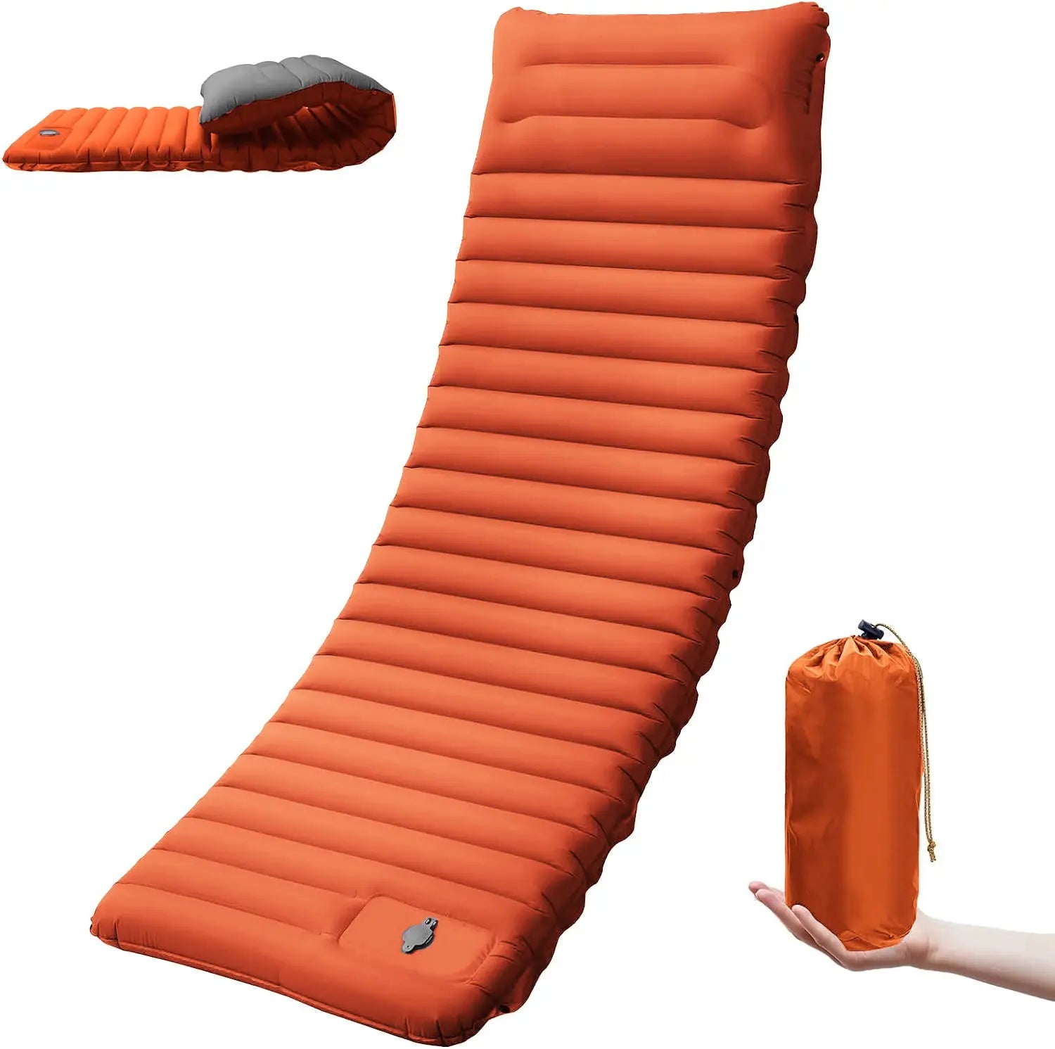 Camping sleeping pad by Simples Market, orange extra-thick 4-inch, self-inflating and spliceable with stuff sack.