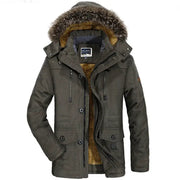 Hooded fur-collar parka jacket by Simples Market in olive green with down insulation and multiple pockets