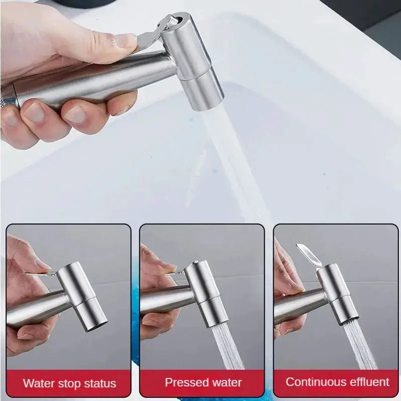 Handheld stainless steel 304 spray gun for sinks; shows three views of water stop, pressed water, and flow.