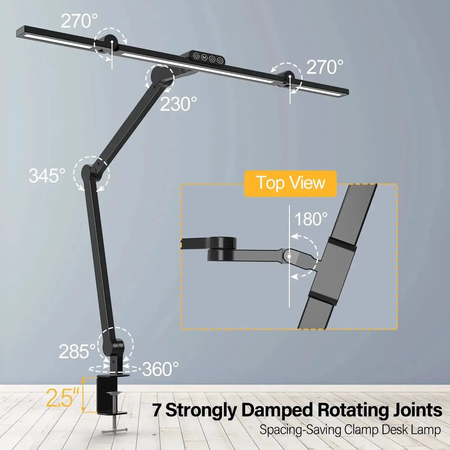 Led desk lamp with clamp, black metal frame, 24W auto-dimming with adjustable arms