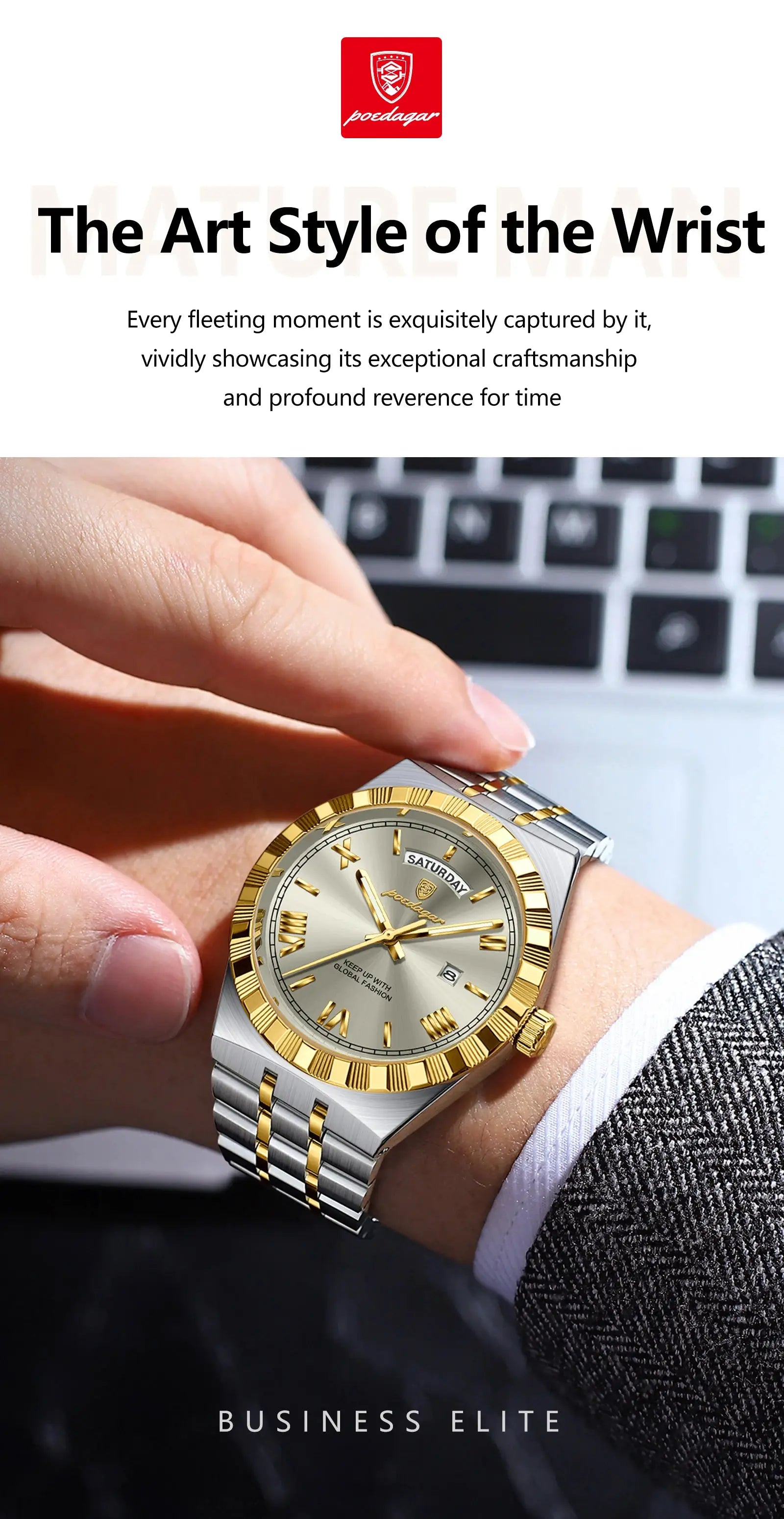 POEDAGAR two-tone stainless steel men's watch with gold bezel, Roman numerals, day/date display