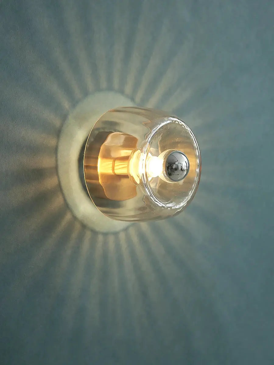 LED Bauhaus Glass Wall Lamp by Simples Market; clear glass shade with warm Edison bulb