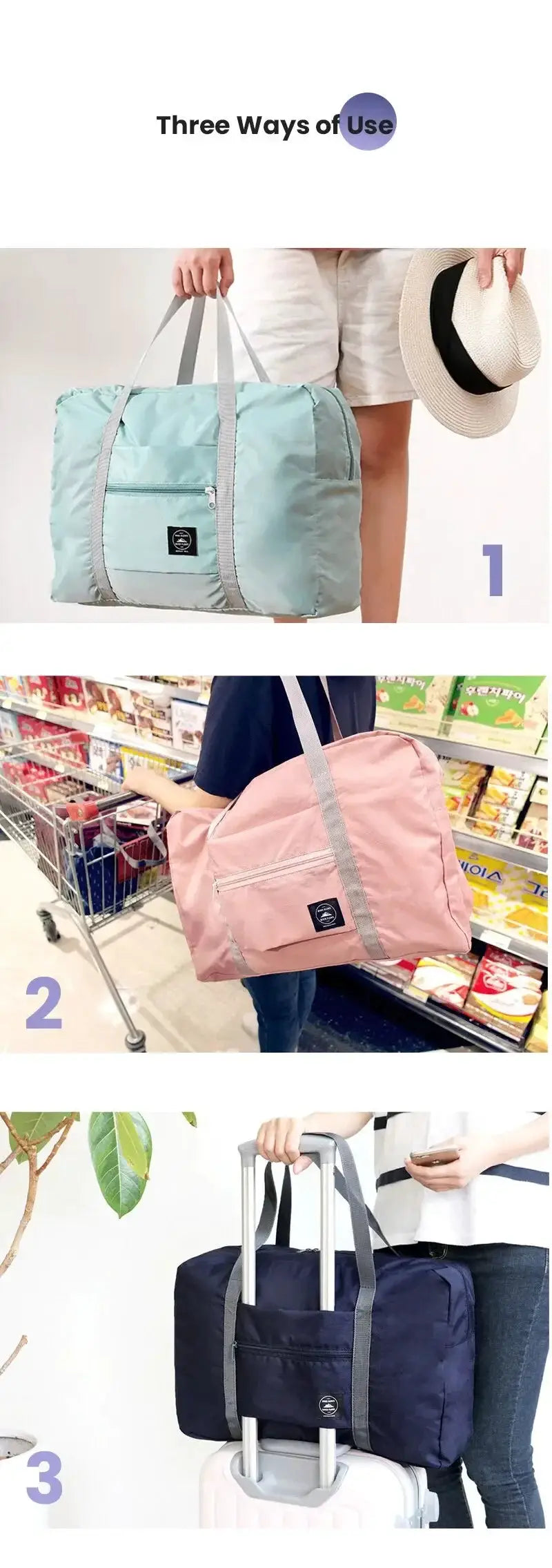 Foldable travel duffel bag in blue, pink, navy with gray straps; 3-color options, lightweight carry-on, Simples Market.