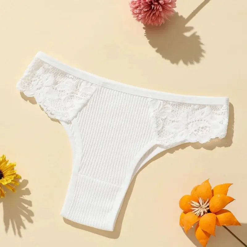 5pc white cotton panties with floral lace side panels and ribbed center, low-rise bikini briefs