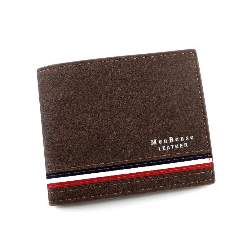 Men's brown PU leather wallet with red, white and blue stripe accent by MenBense Leather