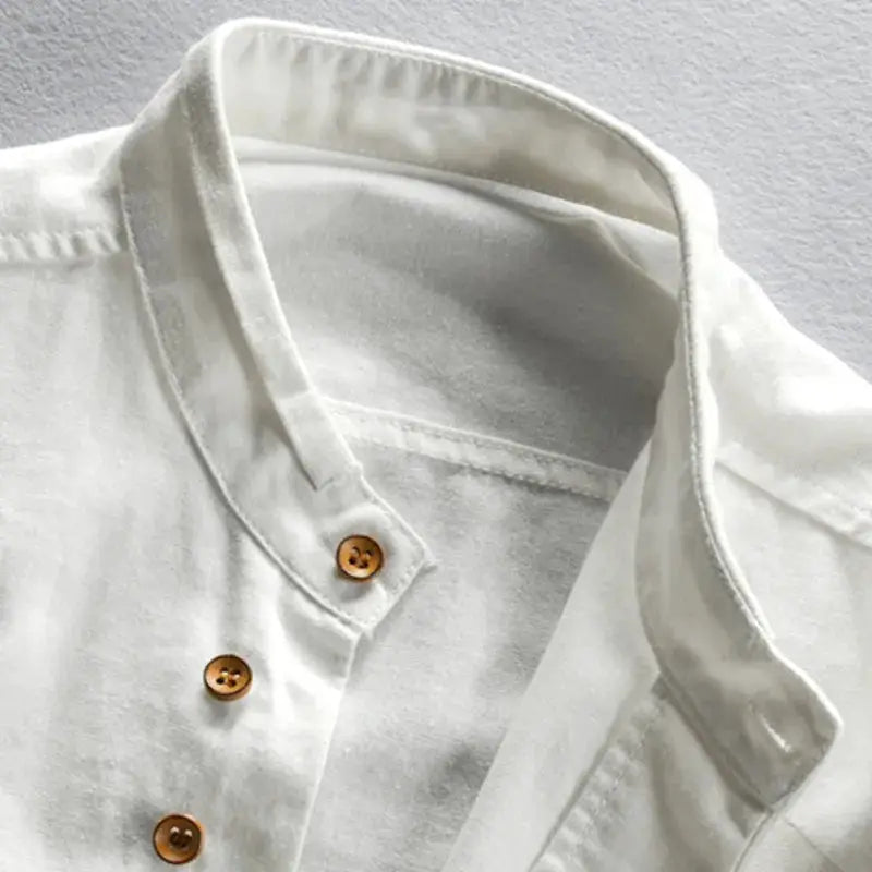 Men's white linen-cotton shirt with stand collar and brown buttons
