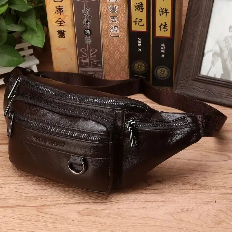 Genuine leather waist bag for men by Simples Market, brown crossbody fanny pack with multiple zip pockets.