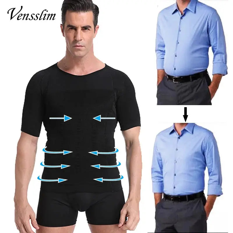 VenSlim men's black body shaper compression undershirt with seamless waist trainer for torso shaping