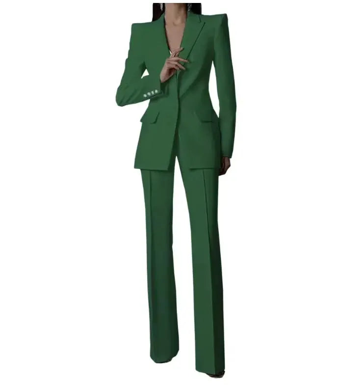 Green women's 2-piece pantsuit with blazer and wide-leg trousers for party