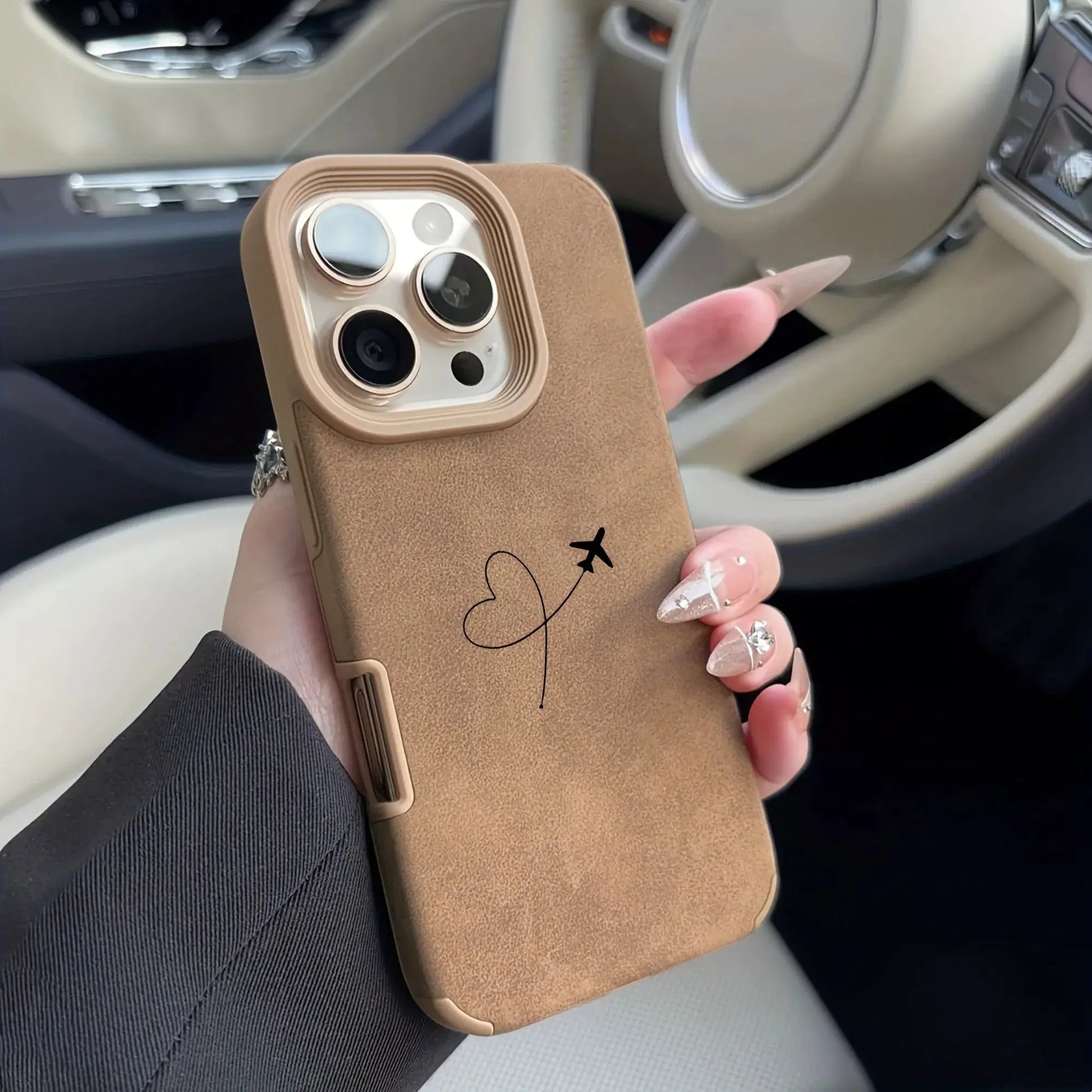 Airplane Route Love Heart Design Faux Leather Phone Case for iPhone, brown, Simples Market