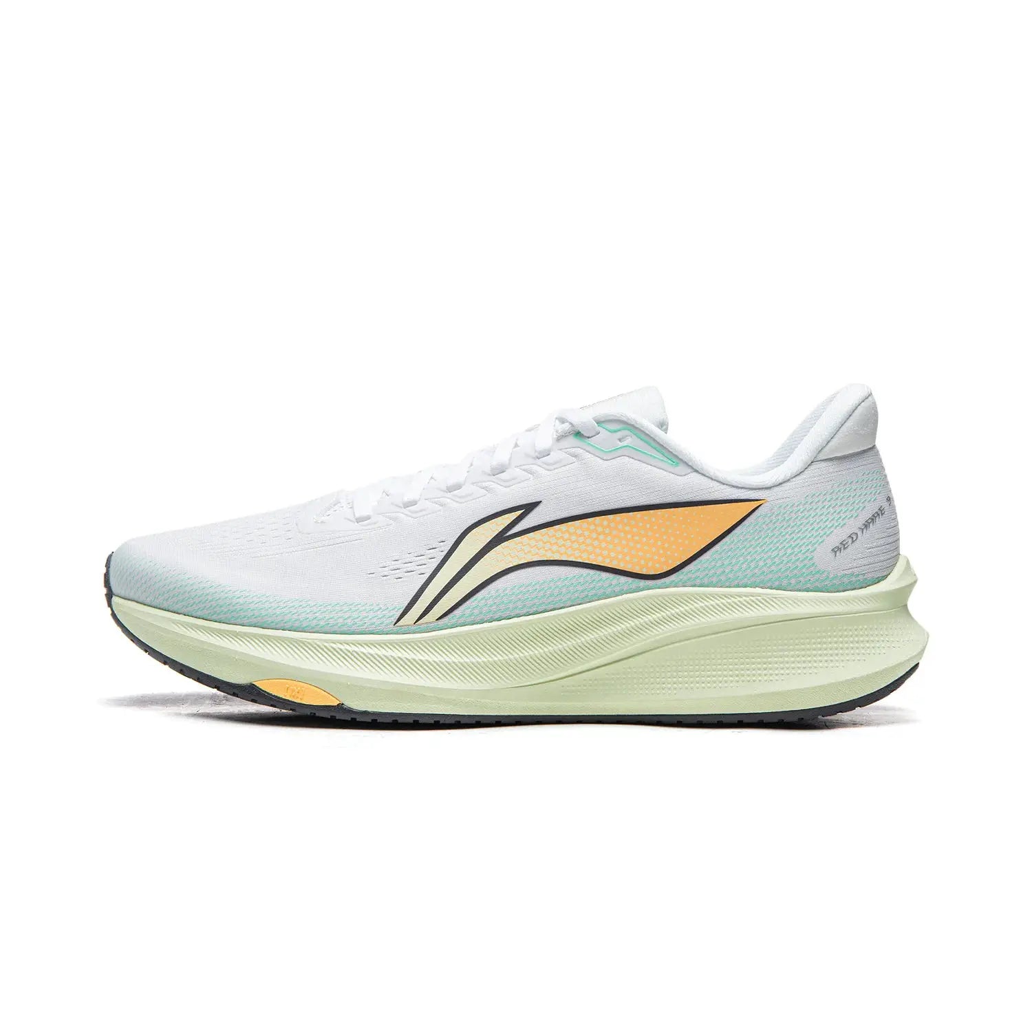 Li-Ning Red Hare 9 racing shoe, white upper with mint-green accents and light-foam cream midsole